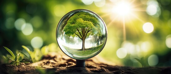 Green business ideas for sustainability and carbon credits displayed through a magnifying glass featured tree in a globe with copy space image