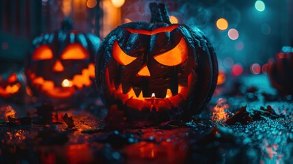 Fototapeta premium A menacing Jack-O'-Lantern with a glowing face sits on a wet street at night, surrounded by bokeh lights and creating a spooky Halloween atmosphere.