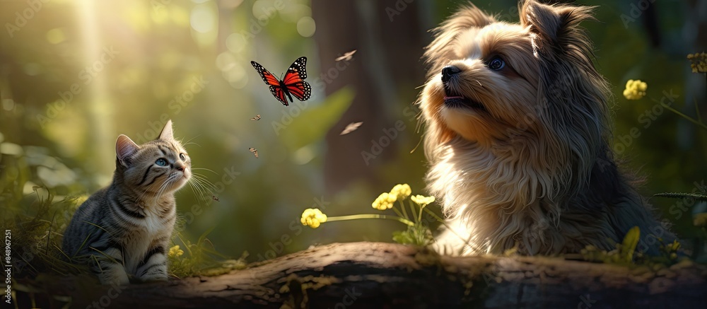 Wall mural in a sunny summer garden a cat and a dog both cute and fluffy are seen catching a flying butterfly f - Wall murals