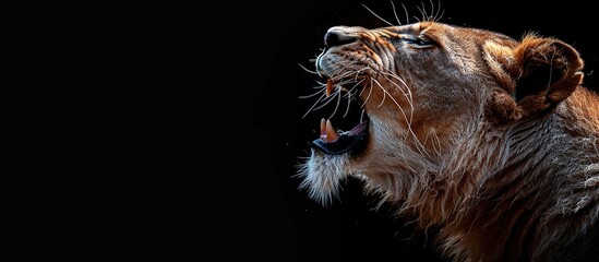 Fototapeta premium lion king roaring. Portrait on black background. Wildlife animal, close-up, side view, copy space