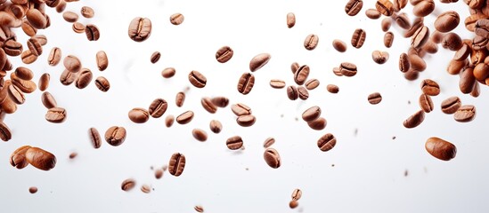 Obraz premium Coffee beans appear suspended in mid air in a space like setting White background provides ample space for design