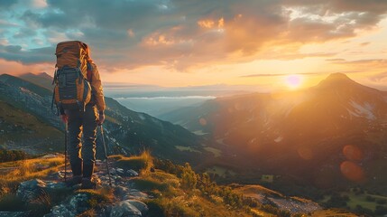 Naklejka premium Traveler with Backpack Stands at the Edge of a New Trail at Sunrise Ready for a Fresh Journey of and Embracing the Energy of New Beginnings