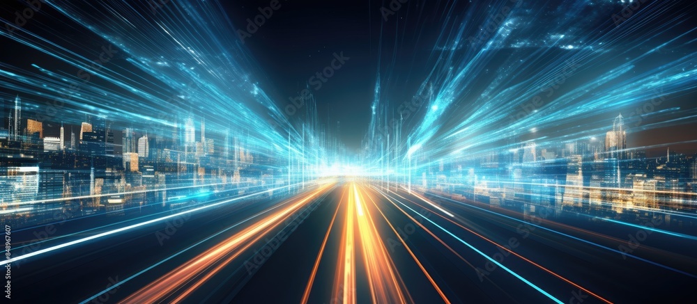 Poster a futuristic scene of digital data streaming on a road with motion blur evoking high speed transfer 
