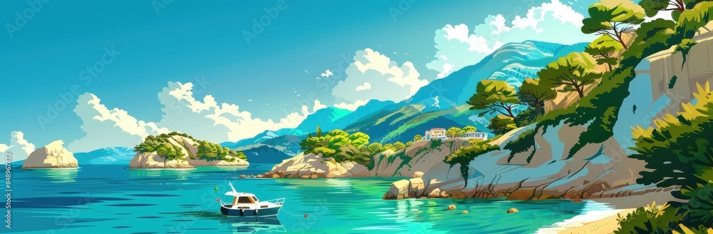 Poster a serene and peaceful scene of a boat floating on a calm lake surrounded by mountains. concept of tr