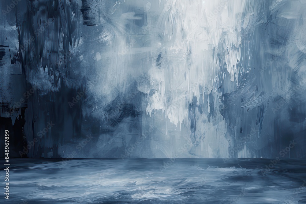 Poster a painting of a stormy sea with a large, empty space in the middle. the mood of the painting is dark