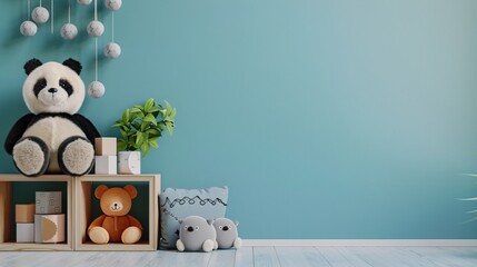 Cozy nursery with soft toys Vibrant blue wall nursery for kids Nursery with soft toys and cozy decorationsCozy and Bright Nursery with Plush Toys and Soft Decorations