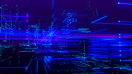 Abstract digital, technology tunnel. Abstract futuristic sci-fi tunnel with grid of particles and lines. Connection and connections concept. Big data. 3D rendering.
