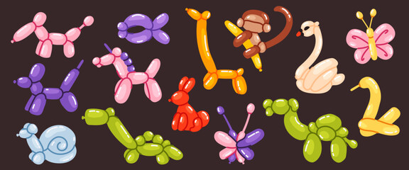 A set of various balloon figures made in the shape of animals and objects. Figures of dogs, giraffe, monkey, swan, butterflies, snail and others. Cartoon illustration 