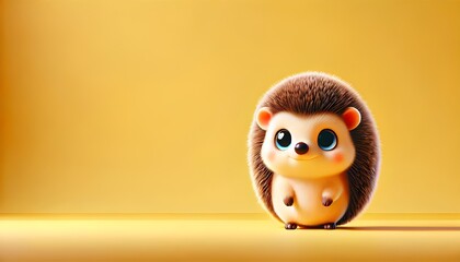  A charming illustration of a baby hedgehog with big, expressive eyes, standing against a warm yellow background. 