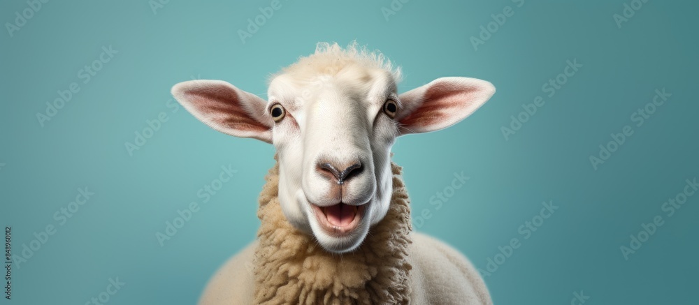 Poster sheep with a playful demeanor sticking out its tongue captured in a portrait with copy space image
