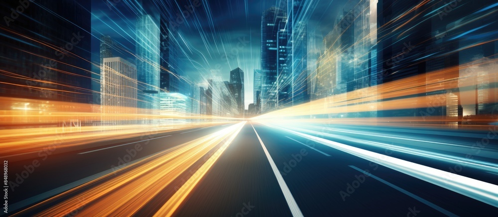 Poster a futuristic scene of digital data streaming on a road with motion blur evoking high speed transfer 