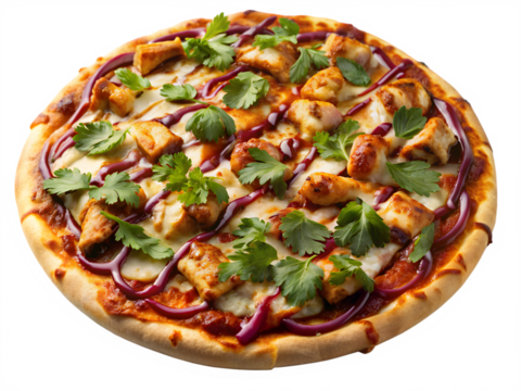 BBQ Chicken pizza Toppings with BBQ sauce, mozzarella, chicken, red onions, and cilantro