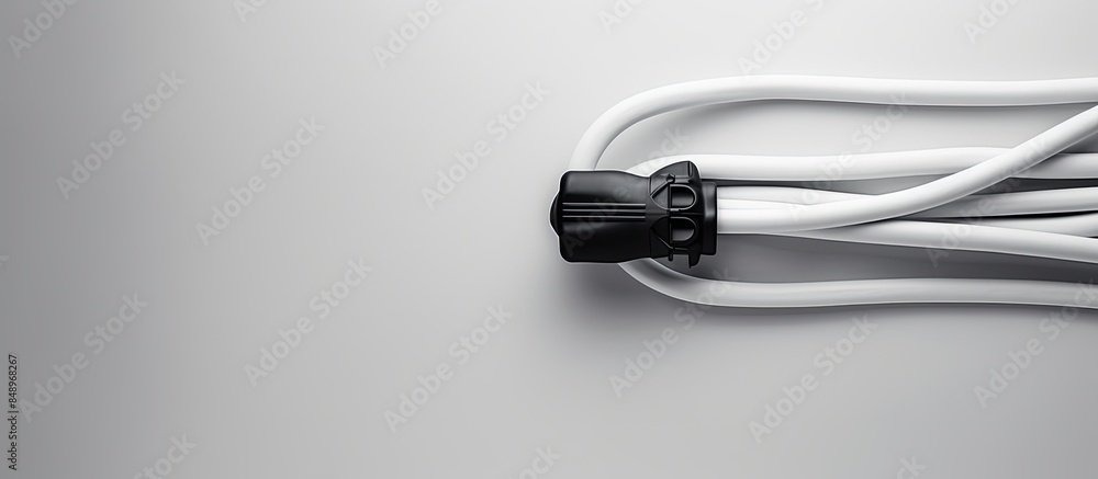 Poster a cable attached to a vehicle for charging with a white background and empty space for images. copy 