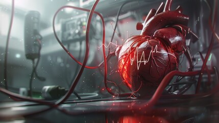 Fototapeta premium A 3d render heart is surrounded by red wires and is surrounded by a red background