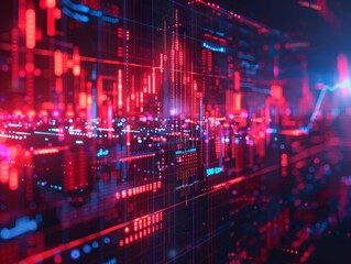 Hightech financial data visualization, neon red and blue lines on a digital screen, futuristic stock market trends, sophisticated trading interface, dynamic analytics