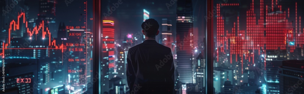 Poster a man stands in front of a city skyline with a red exit sign in the background. concept of lonelines