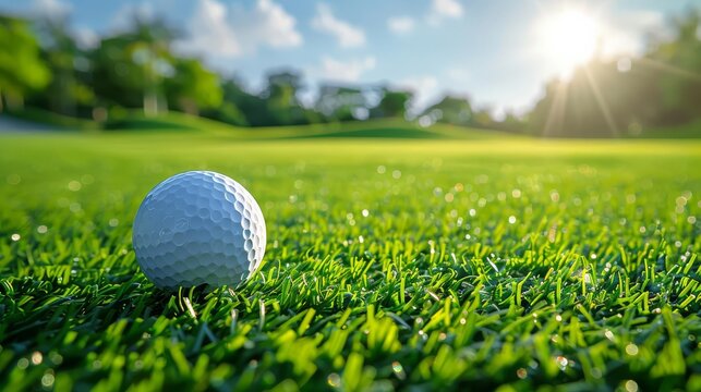 Golf ball on a lush green course, with a clear blue sky, capturing the essence of the game, perfect for sports advertisements and golfing event posters
