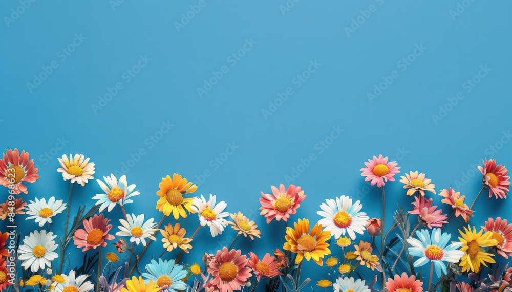 Poster a blue background with a large field of flowers. the flowers are of various colors and sizes, and th