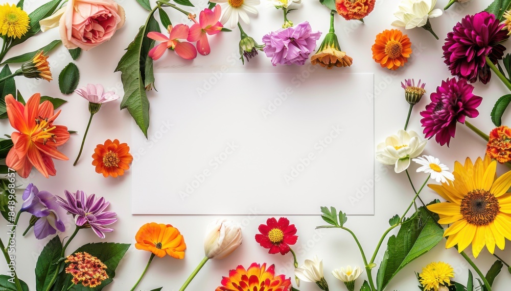 Poster a white background with a large flowery border. the flowers are of various colors and sizes, and the