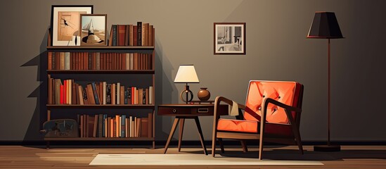 Living room interior featuring a wooden chair at a desk a lamp a beige sofa a bookshelf a poster and copy space image