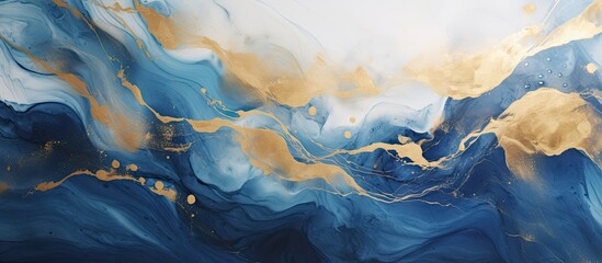 Fototapeta premium Artistic blue and gold painted abstract ocean artwork with swirls resembling marble or agate ripples providing a luxurious natural style perfect for a copy space image