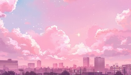 A city skyline with pink clouds and a bright star in the sky. The sky is a soft pink color, giving the image a dreamy and romantic mood