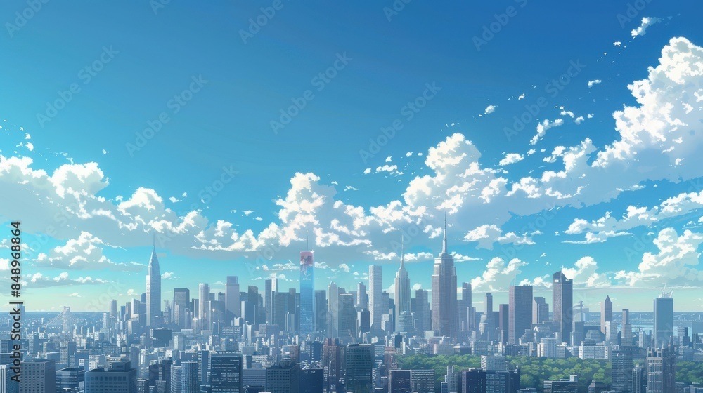 Poster a city skyline with a red object in the middle. the sky is blue with some clouds