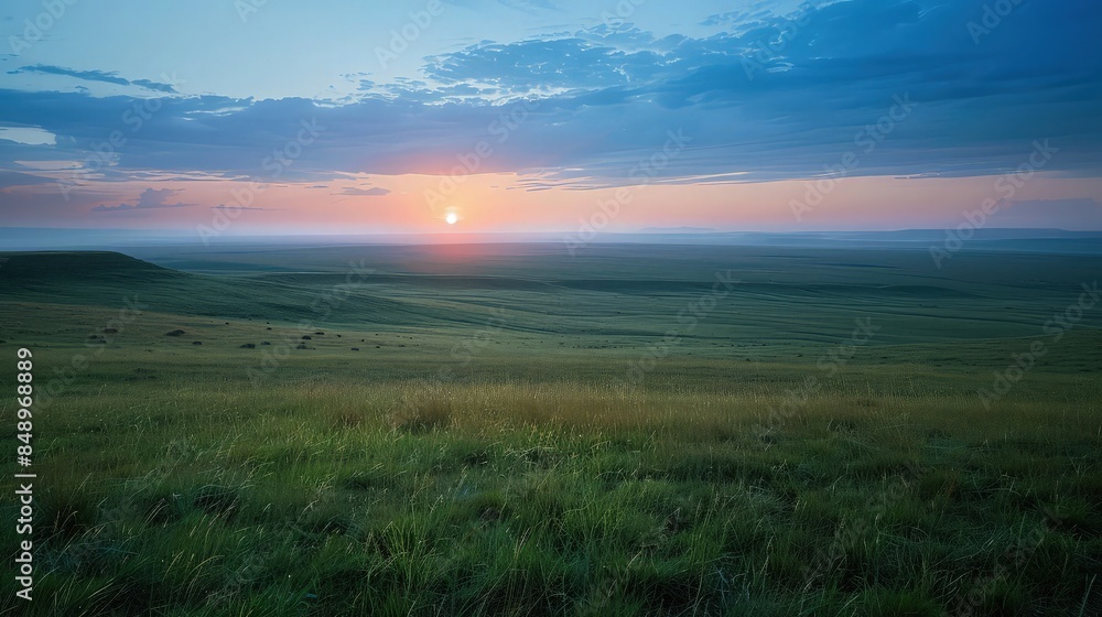 Sticker A calm sunrise over a high-altitude grassland, the vast plains lit up with a palette of soft blues and greens under a spreading sunrise. - Stickers