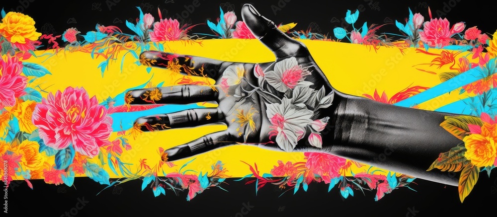 Poster contemporary modern art collage in a stylish pop art design with neon bold colors and hands displayi