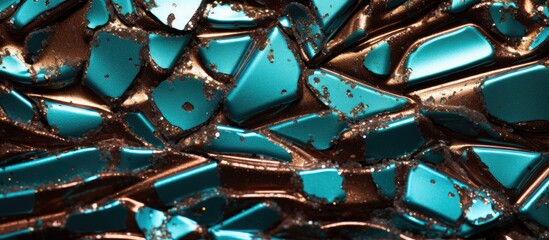 Shimmer nail lacquer creates an abstract background in chocolate and turquoise hues in a horizontal orientation suitable for copy space image