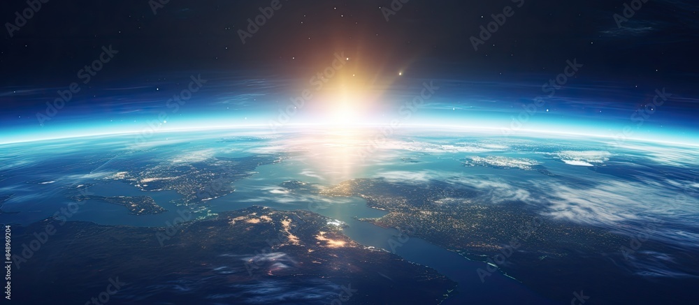 Poster global view of planet earth with the sun in the background perfect for copy space image