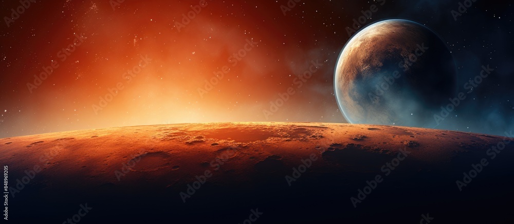 Poster mars the captivating red planet in an exquisite celestial backdrop with a vast copy space image