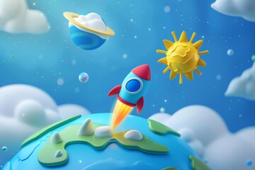 Naklejka premium 3d cartoon game icon; Earth seen from the space; rocket, sun, Saturn, Moon, education, junior school style