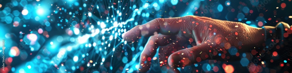 Poster a hand is reaching out to touch a blue and red background. concept of connection and interaction bet