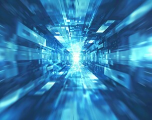 A blue tunnel with a light shining through it. The tunnel is filled with squares and rectangles