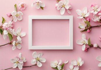 Obraz premium A white frame with pink flowers surrounding it. The frame is empty, but the flowers are full and vibrant. The pink background and the white frame create a sense of elegance and beauty