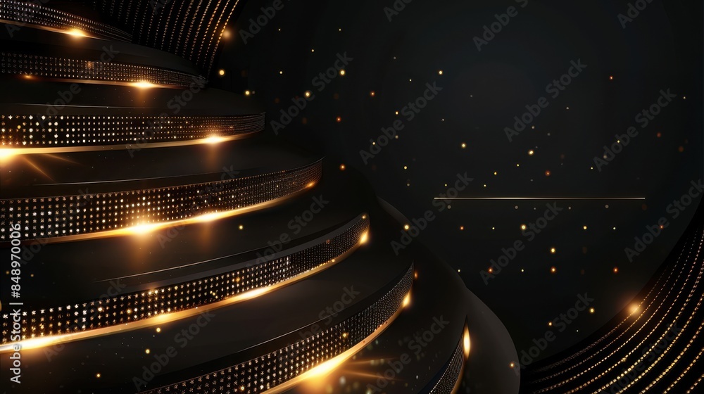 Poster a black background with gold stripes and a lot of sparkles. the sparkles add a sense of movement and