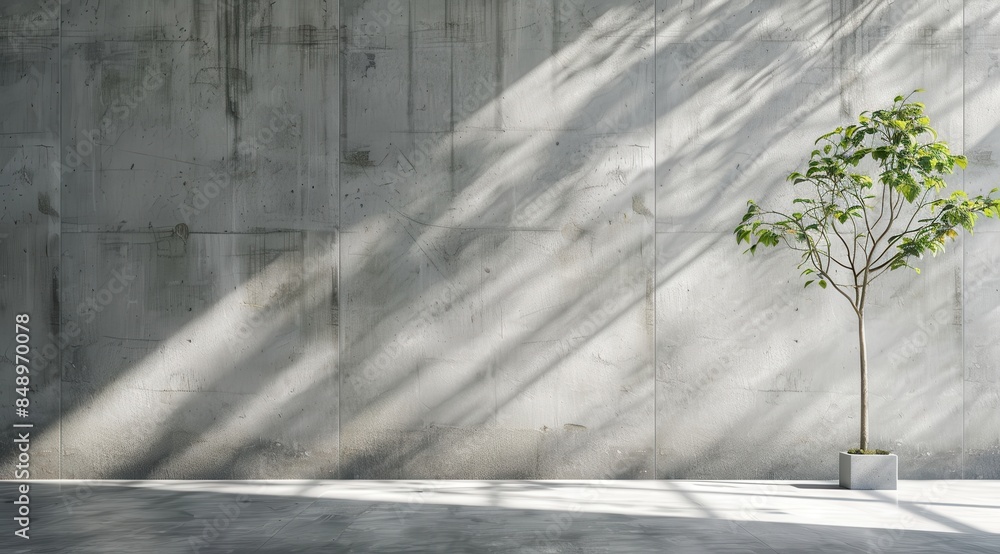 Poster a small tree is sitting in a pot in front of a wall. the wall is made of concrete and has a grey col