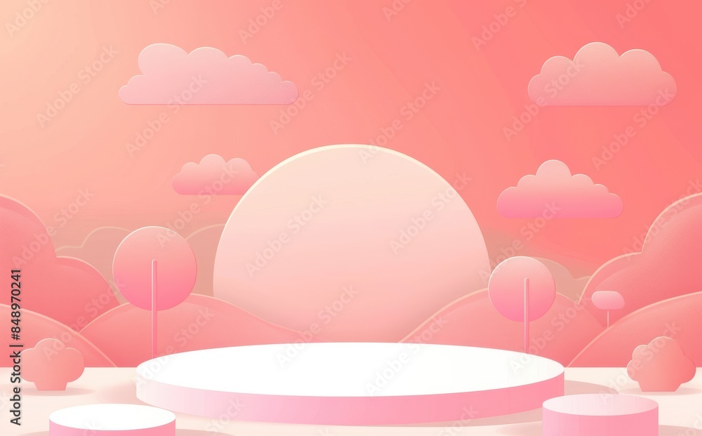 Poster a pink and white background with a large white circle in the middle. the background is filled with t