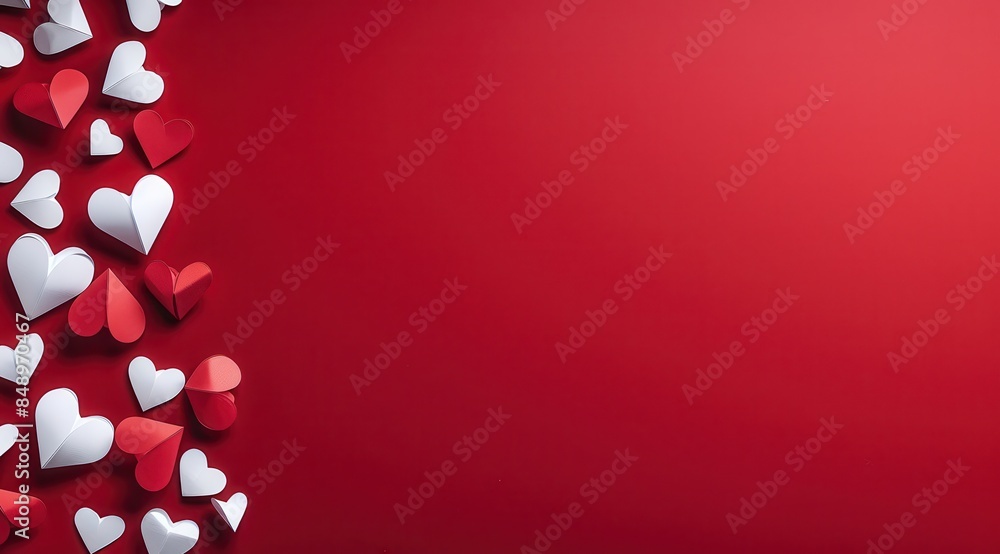 Poster a red background with a bunch of white hearts scattered around it. the hearts are of different sizes