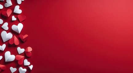 A red background with a bunch of white hearts scattered around it. The hearts are of different sizes and are placed in various positions. Concept of love and warmth