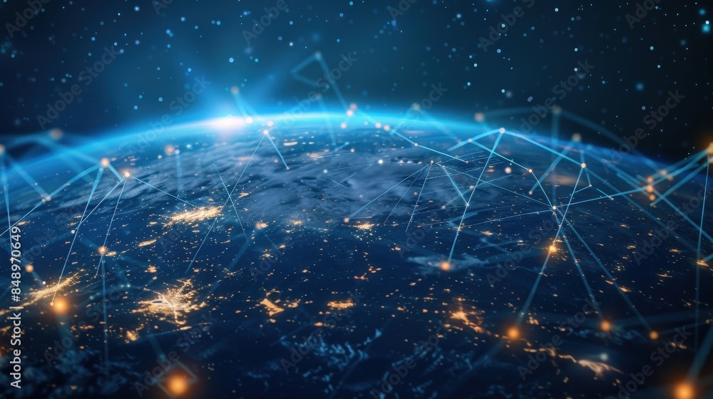 Poster a blue and white planet with a network of lines connecting it