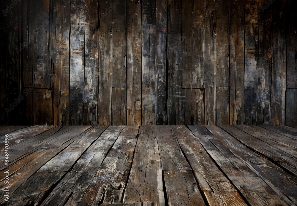 Poster a wooden floor with a lot of cracks and splinters. the floor is empty and has a lot of space