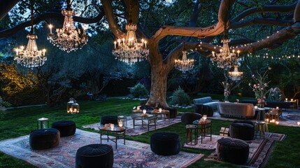 Fototapeta premium Elegant outdoor evening event features glittering crystal chandeliers hanging from a massive tree illuminating a lush garden setting for gatherings.