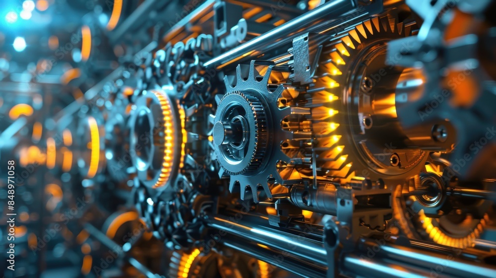 Poster a close up of a machine with many gears and one of them is glowing