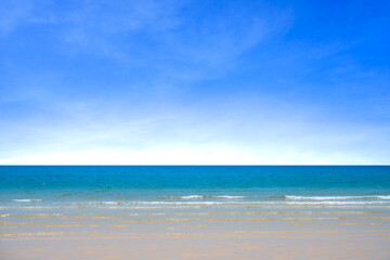 Ocean background and sea water and clear sky. For summer vacation ideas The nature of the beach and summer sea with the sun shining on the sea sparkling against the blue sky.	
