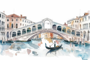 Bella pintura de acuarela de tonos pastel suaves azules y naranjas de una escena cotidiana en los canales de venecia, Italia