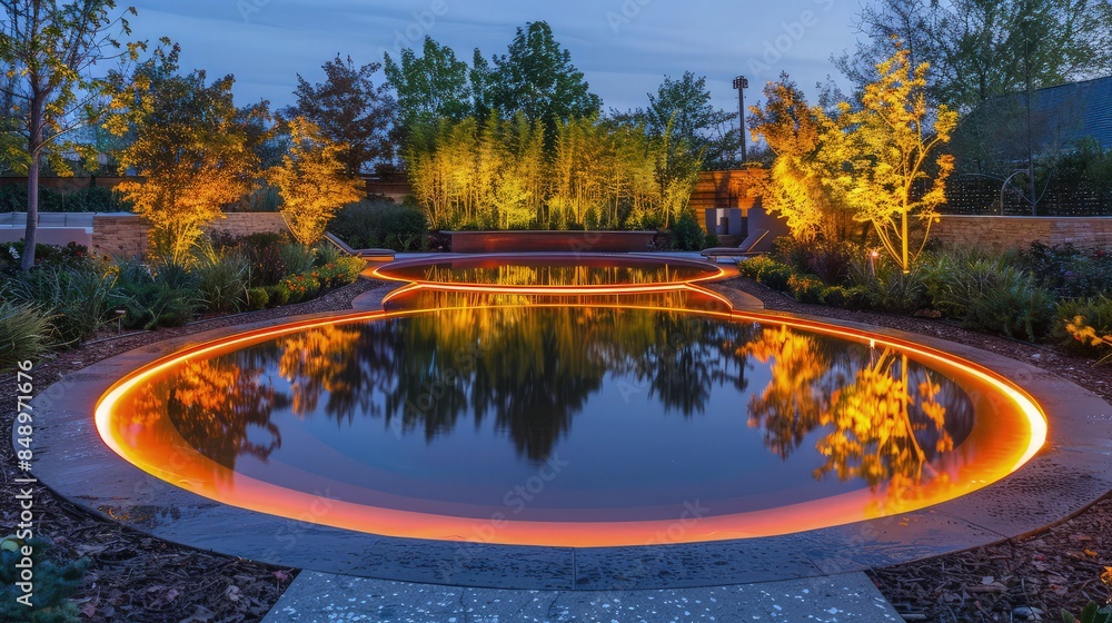 Poster a circular home pool illuminated with orange led lights, creating a fiery effect that reflects off t