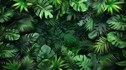 Lush Green Tropical Foliage Background with Various Exotic Leaves, Monstera, Palm, and Ferns, Creating a Dense Jungle Canopy, Perfect for Nature, Botanical, and Eco-Friendly Themes