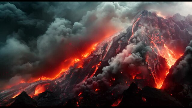 A volcano with a lot of smoke and fire coming out of it. The volcano is surrounded by clouds and the sky is dark